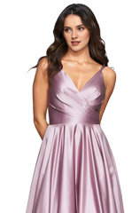 V-neck thin shoulder strap satin cross exposed back and floor length evening dress