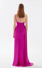 Asymmetric neckline backless side slit and floor length evening dress
