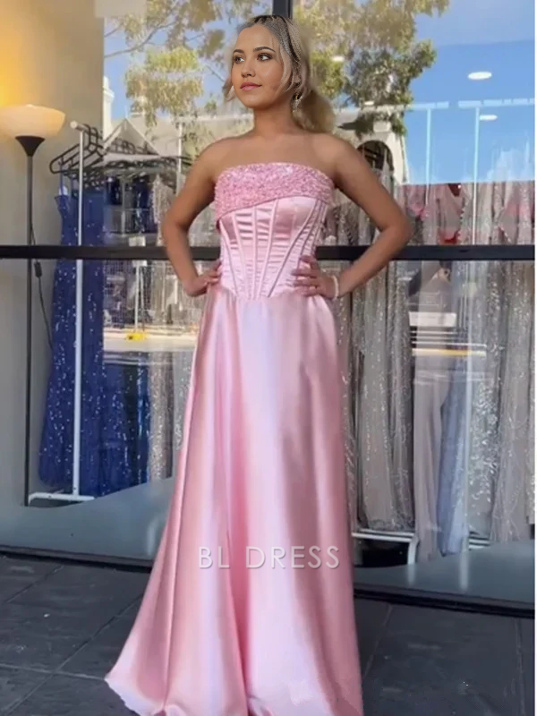 Mermaid Strapless Beaded Satin Pink formal dresses Bridesmaid Dresses evening gown Prom Dress