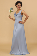Grey blue A-line asymmetrical neckline satin long bridesmaid dress