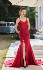 V-neck thin shoulder strap with exposed back side slit and floor length evening dress