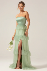 Matcha A-line layered strapless layered long slit bridesmaid dress