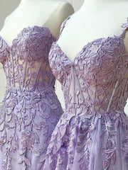 Purple Lace Long Prom Dress, Purple Lace Evening Dresses