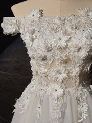A-Line Off Shoulder Tulle Lace Long Prom Dress, White Lace Long Formal Dress