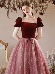 Burgundy A-Line Tulle Long Prom Dress, Burgundy Formal Dress
