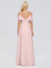 Thin shoulder strap ruffled chiffon and floor length bridesmaid dress