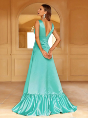 V-neck sleeveless ruffle hem with side slit and floor length Prom Dress - LD Dress