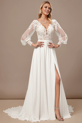 A-line V-neck palace trailing long sleeved lace chiffon wedding dress