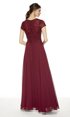 V-neck chiffon flowing lace top short sleeved formal long cut mothers of the bride dresses