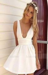Summer A-Line Deep V-Neck White Satin Short Homecoming/Graduation Dress