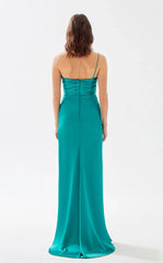 Asymmetric neckline thin shoulder straps side slits and floor length evening dress