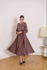 A-line Crew Neck Long Sleeve Tea Length Cocktail Dress Pink Bridesmaid Dress Formal Dresses for Wedding Guest Mother of the Bride Dresses