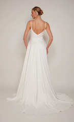 Perfect satin chicken neckline A-line slit satin button wedding dress