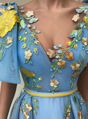 Blue Tulle Floor-length Embroidery A Line Prom Dress With Pockets