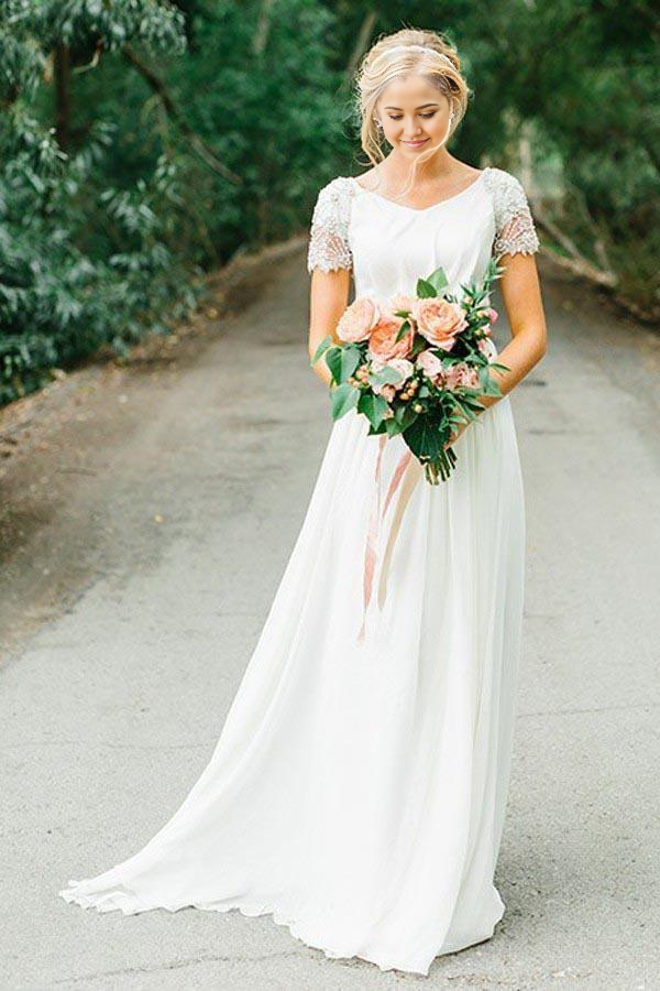 A-line V-neck Chiffon Neckline Wedding Dress With Beadings