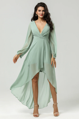 A-line collar long sleeved chiffon matcha bridesmaid dress