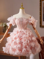 A-Line Tulle Beads Pink Short Prom Dress, Pink Homecoming Dress
