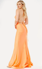 Sleeveless slim shoulder straps with side slits and floor length for an evening dress