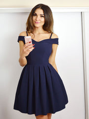 Blue v neck off shoulder satin short prom dress blue cocktail dress