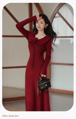 Vintage Burgundy Sheath Prom Dress Long-sleeve Evening Dress Knit Long Formal Dress HZ1024