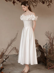 A-Line Off Shoulder Satin Tea Length White Prom Dress, White Formal Dress