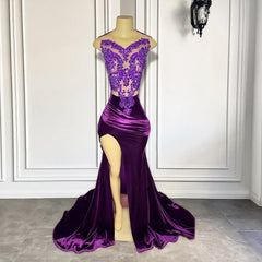 Paarse mouwloze zeemeermin prom -jurk met gesplitste appliques