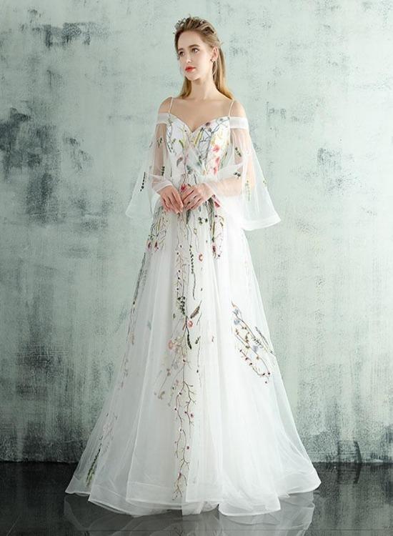 White Tulle Lace Spaghetti Straps Long Evening Dress, Embroidery White Prom Dress KS3796