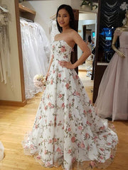Custom Made Sweetheart Neck White Prom Dresses with 3D Flower, 3D Flower Formal Dresses