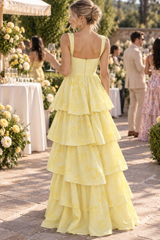 Yellow Printing A-Line Tiered Sleeveless Long Prom Formal Dress