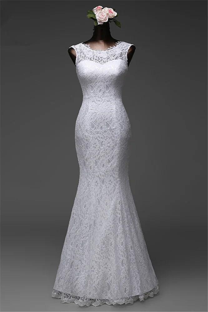 Long Jewel Long Mermaid Wedding Dress Bride Gown With Lace