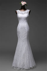 Long Jewel Long Mermaid Wedding Dress Bride Gown With Lace