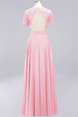 Long A-Line Sweetheart Lace Chiffon Bridesmaid Dresses with Cap Sleeves
