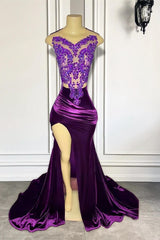 Paarse mouwloze zeemeermin prom -jurk met gesplitste appliques