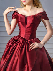 Wine Red Chic Off Shoulder Satin Party Dress, Wine Red Satin Long Prom Dress