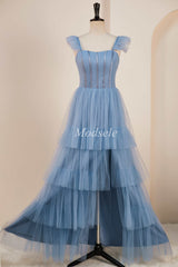 Smoky Blue Tiered A-Line Long Prom Dress with Flutter Sleeves