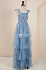 Smoky Blue Tiered A-Line Long Prom Dress with Flutter Sleeves