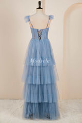 Smoky Blue Tiered A-Line Long Prom Dress with Flutter Sleeves