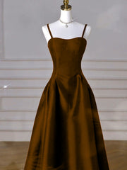 Brown Satin A-line Sweetheart Long Formal Dress, Simple Brown Evening Dress