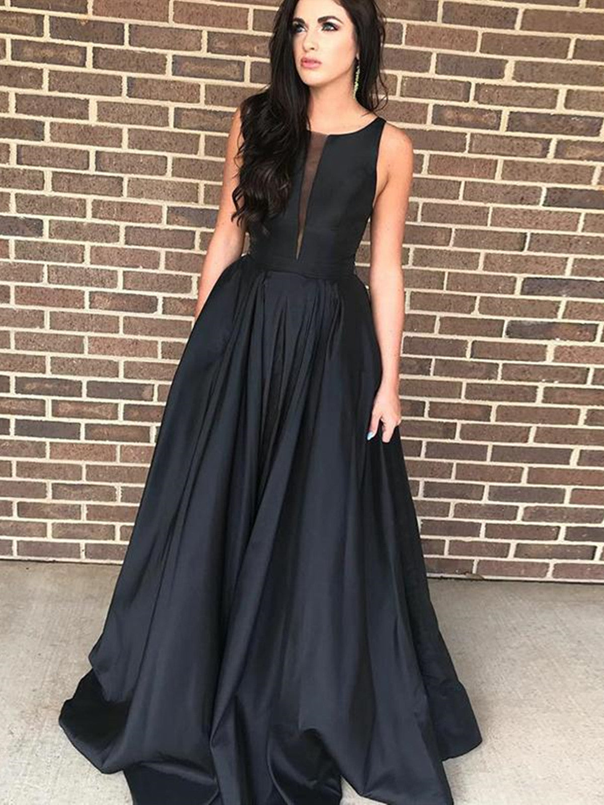 Round Neck Floor Length Black Prom Dresses, Black Formal Graduation Evening Dresses