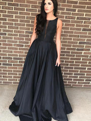 Round Neck Floor Length Black Prom Dresses, Black Formal Graduation Evening Dresses