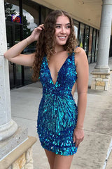 Sequin V-Neck Tight Homecoming Dress with Open Back