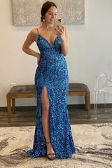 Spaghetti Straps Sequins V-Neck Fringe Mermaid Long Formal Dress with Slit