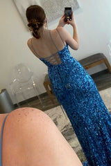 Spaghetti Straps Sequins V-Neck Fringe Mermaid Long Formal Dress with Slit