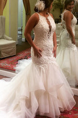 Long Deep V-Neck Mermaid Ivory Bridal Dress with Rufffles