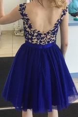 A Line Round Neck Cap Sleeves Lace Short Royal Blue Prom Dress, Short Royal Blue Homecoming Dress, Graduation Dress, Bridesmaid Dress