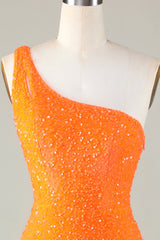 Sequins One-Shoulder Orange Tight Beading Short Homecoming Dress