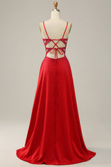A Line Sparkly V Neck Red Backless Long Prom Dress