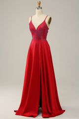 A Line Sparkly V Neck Red Backless Long Prom Dress