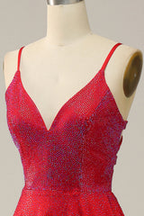 A Line Sparkly V Neck Red Backless Long Prom Dress