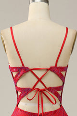 A Line Sparkly V Neck Red Backless Long Prom Dress